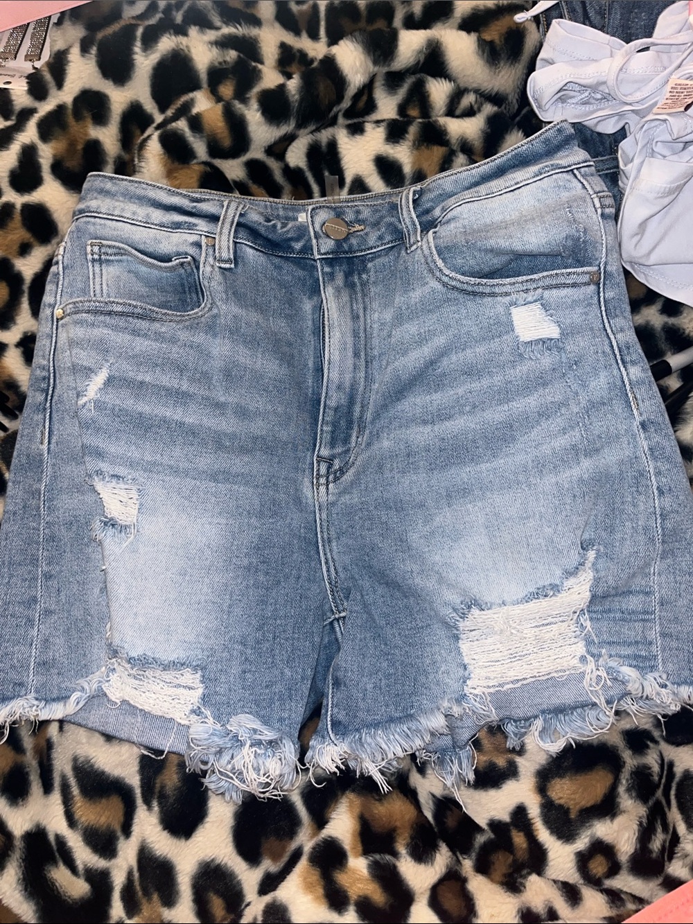 High-Rise Distressed Women's Denim Shorts - Light Blue